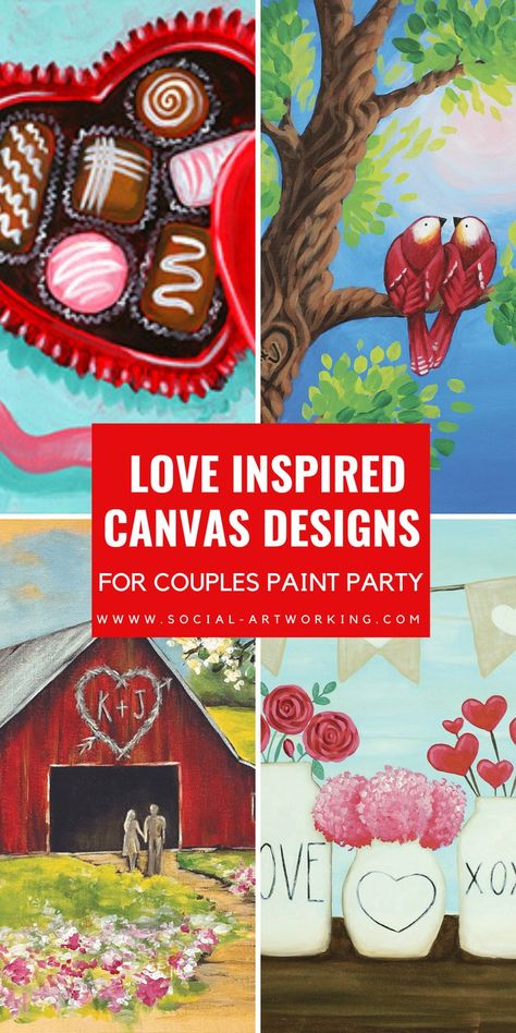 Are you looking for a way to celebrate Valentine’s Day at home this year? Set aside time with your sweetheart and create one of these Social Artworking Love-Inspired Canvas Designs. #paintparty #couplespaintnight #paintandsip Social Artworking, Acrylic Painting Ideas On Canvas, Paint Program, Acrylic Painting Ideas, Painting Ideas On Canvas, Paint And Sip, Canvas Designs, Paint Party, Party Design