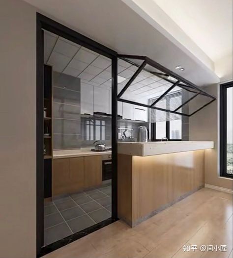 Kitchen Glass Door Latest Designs Kitchen Separation, Kitchen Glass Door, Semi Open Kitchen, Kitchen Window Design, Wall Wardrobe Design, Wardrobe Design Modern, Modern Kitchen Design White, Mirror Aesthetic, Kitchen Design White