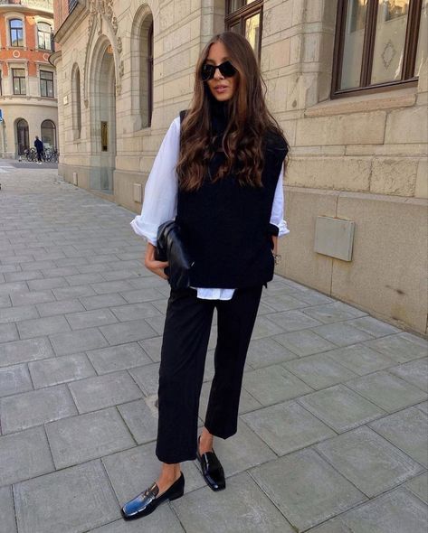 Business Casual Sweaters Women, Fall Work Styles For Women, Gen X Business Casual, Polo Bar Outfit, Pinstripe Blouse Outfit, Casual Tailored Style Women, All Black Business Outfits For Women, Mollie Campsie, Sweater Vest Outfits