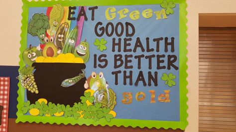 Eat green. Good health is better than gold Nutrition Week Posters, Food And Nutrition Classroom Decor, Healthy Living Bulletin Board, Healthy Food Bulletin Board, Health And Nutrition Bulletin Boards, Healthy Eating Display Board, Nutrition Bulletin Board Ideas, Healthy Eating Bulletin Board, Kitchen Bulletin Boards