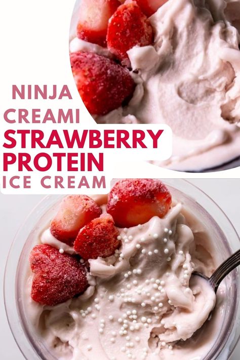 Deliciously refreshing, with just enough sweetness, you'll love this strawberry protein ice cream made in the Ninja Creami. Top it with all of your favorite toppings for a post workout snack or a healthy protein packed dessert. Ninja Creami Strawberry Protein Ice Cream, Ninja Creami Protein Ice Cream Recipe Strawberry, Ninja Strawberry Ice Cream, Paleo Ninja Creami Recipes, Strawberry Ninja Creami Recipes, Ninja Creami Strawberry Ice Cream Recipe, Ninja Cremini Recipes Protein, Ninja Creami Protein Powder Ice Cream, Protein Creami Recipes