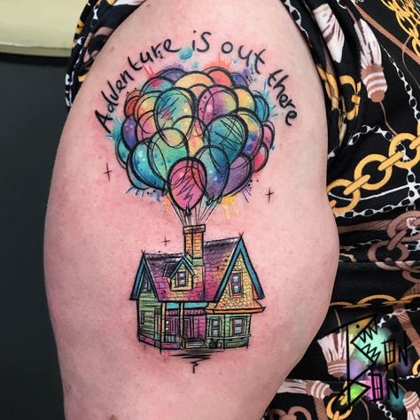 UP House 🌈🎈thanks Claire! #bonbonbizarre #houseofwolves #houseofwolvestattoo #uphouse #disney #disneytattoo Up House Drawing, Birmingham Tattoo, Disney Sleeve Tattoos, Movie Tattoo, Marvel Tattoos, Home Tattoo, Cartoon Tattoos, Up Tattoos, Up House