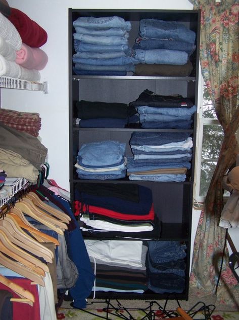 Shelf for jeans. Jean Storage In Closet, Diy Clothes Shelf, Shelf Dividers Diy, Jean Organization, Clothes Shelves, Shelf Dividers, Closet Shelves, Closet Space, Work For You