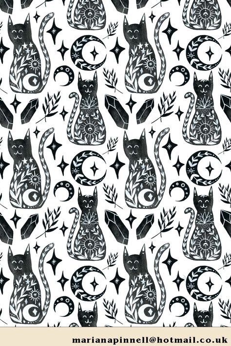 Black And White Folk Art, Folk Art Cats Paintings, Clay Branding, Moon Folk Art, Witchy Pattern, Folk Art Patterns, Folk Art Cat, Faery Art, Pottery Tiles