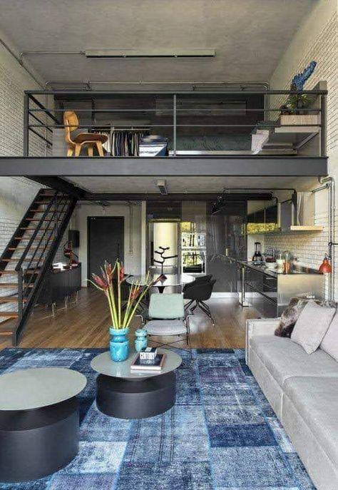 Loft Apartment Designs, Loft Apartment Decorating, Loft House Design, Condo Interior Design, Tiny House Interior Design, Loft Interior Design, Loft Interior, Stair Railing Design, Bed Platform