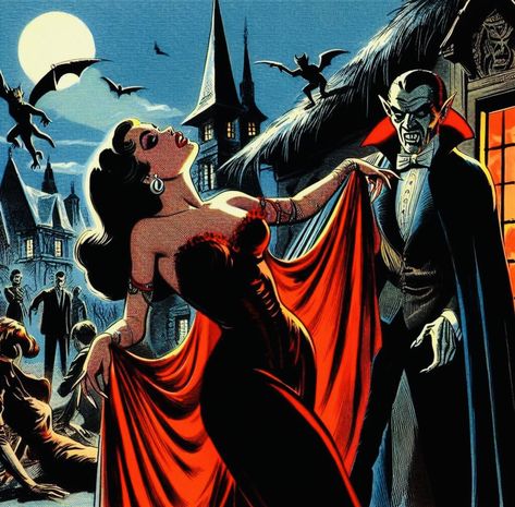 60s Vampire, Universal Monsters Art, Romantic Horror, Castlevania Anime, Vintage Halloween Art, Gothic Fantasy Art, Famous Monsters, Halloween Artwork, Retro Horror