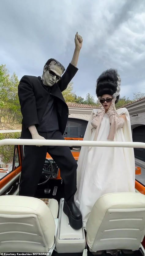 Frankenstein And Wife Costume, Frankenstein Wife, Movie Couples Costumes, Scary Couples Costumes, Frankenstein Halloween Costumes, Frankenstein And His Bride, Bride Of Frankenstein Halloween, Kourtney Kardashian Barker, Bride Of Frankenstein Costume