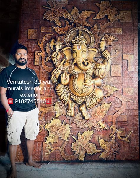 ☎️ 9182745540 ☎️ 3d Ganesha Wall Art, Foyer Design With Ganesha, Mural Ganesha, 3d Relief Art, Mural Art Design, Front Wall Design, House Main Door Design, Temple Design For Home, Buddha Wall Art