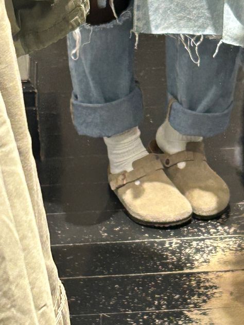 Suede Boston Birkenstock Clogs Birkenstock Clogs Taupe, Birkenstock Boston Faded Khaki, Birk Clogs, Grey Birkenstocks, Boston Birks, Mules Outfits, Lil Flip, Birkenstock Fashion, Fur Aesthetic