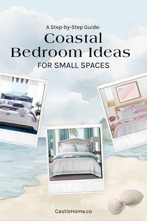 Read out step by step guide to creating a luxurious small coastal bedroom that feels spacious and relaxing. Your beachy retreat will be filled with coastal bedding, nautical elements, and ocean-inspired decor, no matter if your coastal style is modern, boho, farmhouse, coastal grandma, coastal cowgirl, pink coastal, neutral, or you're looking for that unforgettable lake house vibe.  Follow along with our great coastal bedroom refresh tips and design expertise. Small Coastal Bedroom, Beachy Furniture, Modern Coastal Bedroom, Small Guest Bedroom, Beach Inspired Decor, Castle Home, Seaside Living, Bedroom Retreat, Tiny Bedroom