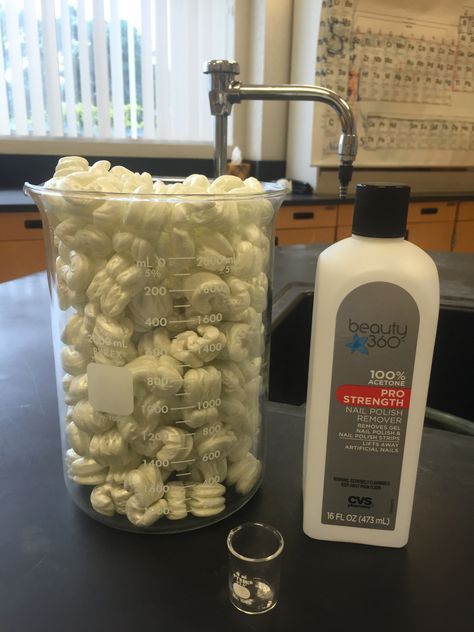 The materials needed for this lab: Packing peanuts, 100% acetone, tiny beaker (I used a 10m beaker), large beaker (I used a 2000ml beaker). Fun Chemistry, About Chemistry, Chemistry Activities, Chemistry Projects, Chemistry Classroom, High School Chemistry, Teaching Chemistry, Science Club, 8th Grade Science