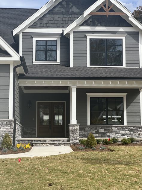 Grey Black And White House Exterior, 2 Tone Gray House Exterior, Grey Siding White Windows, Light Gray House With Black Windows, Dark Gray House With White Trim, Cavern Steel Lp Siding, Black Roof Exterior Color Schemes, Light Grey House Black Windows, Gray Siding Black Roof