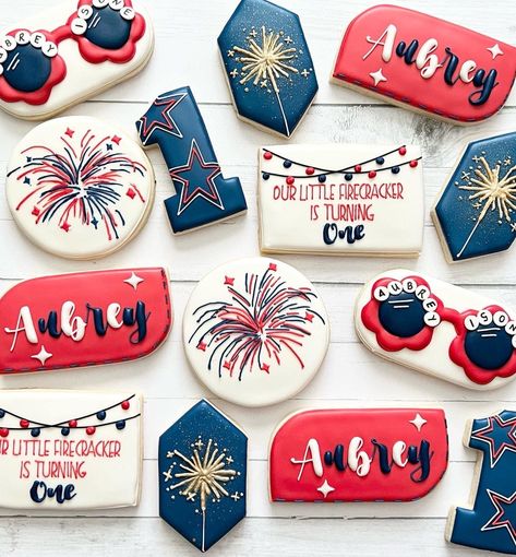 July Baby Birthday, Firecracker Cookies, Patriotic Sugar Cookies, Patriotic Cookies, Cow Cookies, Fourth Of July Cakes, First Birthday Cookies, Blue Desserts, Blue Cookies