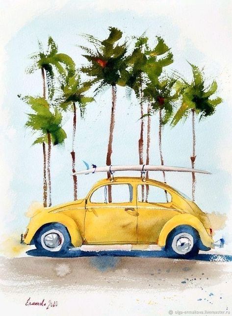 Retro Painting, Vw Art, Create Color Palette, Learn Watercolor, Watercolor Pictures, Yellow Car, 수채화 그림, Yellow Art, Vw Bug