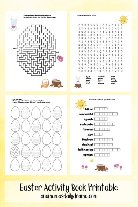 This printable Easter activity book includes four pages of fun games. Print them to add to your child's Easter basket or save them for activity time. Easter Eyfs, School Easter Party, Easter Party Activities, Activity Book Printable, Printable Easter Activities, Easter Puzzles, Easter Games For Kids, Easter Baskets To Make, Easter Activity