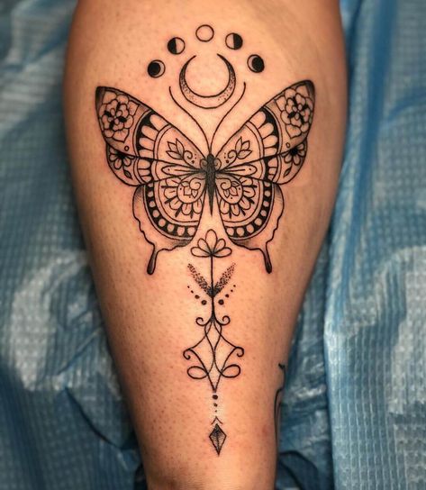 Mom Daughters Tattoo Design, Butterfly And Moon Phases Tattoo, Flower And Butterfly Tattoos For Women, Butterfly With Moon Phases Tattoo, Moon Phase Butterfly Tattoo, Dreamcatcher Hand Tattoo, Butterfly Daughter Tattoo, Butterfly Moon Phases Tattoo, Butterfly Mandala Tattoo For Women