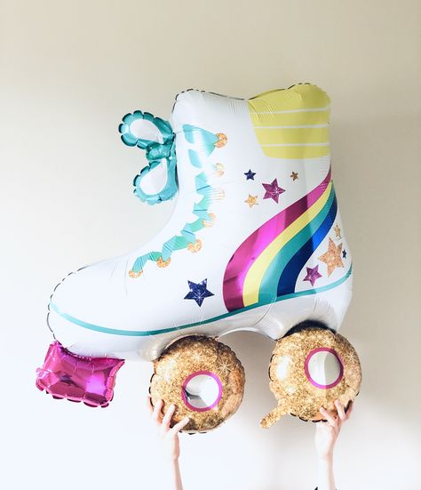 Roller Skate Balloon, Glittery, 80's Party, Birthday Party, Foil, 1980's, Mix, Bouquet, Rapper Party, Hip Hop, Neon, Ghetto Blaster, Music by PartyHaus on Etsy https://www.etsy.com/listing/674313922/roller-skate-balloon-glittery-80s-party Roller Skate Balloon, Roller Skate Cake, Roller Skate Birthday Party, Skate Birthday Party, Party City Balloons, Roller Skate Birthday, Kids Party Balloons, Skate Birthday, Roller Skating Party