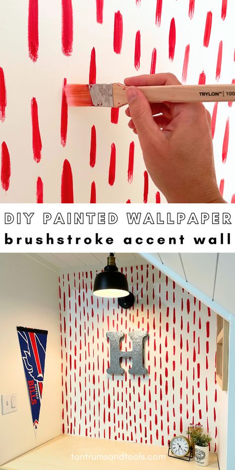 Discover how easy it is to create a hand painted wallpaper brushstroke accent wall. Learn the steps on how to paint wallpaper from this accent wall tutorial. If you're looking for home decor, room decor, or accent wall ideas, then look no further! Here is a hand painted accent wall that is industrial farmhouse style yet still has a vintage interior feel. Skip the headache of wallpaper and DIY paint accent wall instead! SAVE now and discover the easy steps to painting a brushstroke accent wall. Paint Patterns On Wall Diy, Painting Walls Ideas Creative, Brushstroke Accent Wall, Diy Accent Wall Paint, Hand Painted Accent Wall, Diy Painted Wall, Paint Accent Wall, Accent Wall Tutorial, Painted Accent Wall