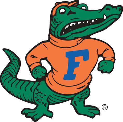 Florida Gators Alternate Logo (1992) - A standing Gator wearing a sweatshirt with an F on the front. Florida Gators Wallpaper, Uf Gator, Florida Gators Logo, Gator Logo, Uf Gators, Florida Gators Football, Gators Football, Old Logo, College Logo