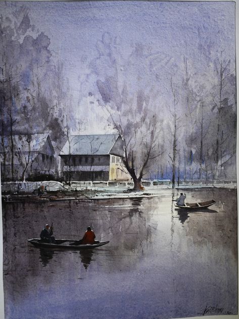 Winter in Kashmir India Nature River, Nature Autumn, River Painting, Kashmir India, Boat Fashion, Late Autumn, Colour Painting, Boat Painting, River Bank