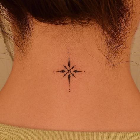 Star Tattoos Behind Ear, North Star Tattoo, North Star Tattoos, Small Star Tattoos, Small Neck Tattoos, Upper Back Tattoos, Neck Tattoos Women, Back Of Neck Tattoo, Star Tattoo Designs