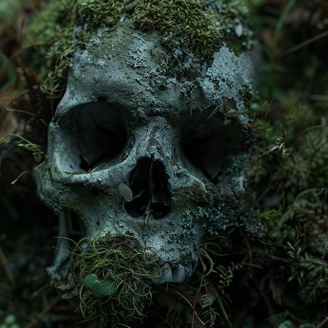 Amidst the whispers of the forest floor, life cloaks the forgotten in a mantle of green. 🌿☠️ #naturetakesover #mossyskull #forestwhispers #earthmagic #lifeafterlife #greenmantle #woodlandsecrets #natureskull #wildernessmysteries #mossandmagic #forgottenbytime #natureheals #forestfindings #mosslover #terralove #enchantedwoods #deepgreen #ecostory #verdantveil #woodlandwonders #naturereclaims #mysticforest #greenwitch #earthspirits #mysticalelements #forestthrone #naturemorte #verdantbones Mossy Skeleton, Mossy Skull, Skull Forest, Skeleton Painting, Cracked Skull, Skulls Art, Creepy Skull, Diorama Ideas, Moss Covered