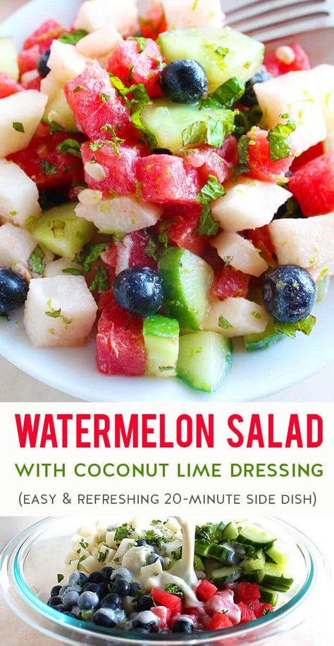 A quick & easy recipe for watermelon salad with cucumber, jicama, blueberries, and fresh mint + a sweet & creamy coconut milk lime dressing. This healthy salad is packed with refreshing fruit & veggies that everyone will love when it's hot outside. Prep it in 20 minutes and bring it to your next picnic, cookout, potluck, BBQ, or party to serve as a side dish, snack, or dessert during the summer months. (gluten-free, dairy-free, paleo & vegan) #summerrecipes #sidedish #watermelon #realfood Dairy Free Picnic Food Ideas, Dairy Free Cookout Side Dishes, Gluten Free Summer Sides, Potluck Bbq, Salad With Cucumber, Hot Outside, Cucumber Recipes Salad, Watermelon Salad, Lime Dressing