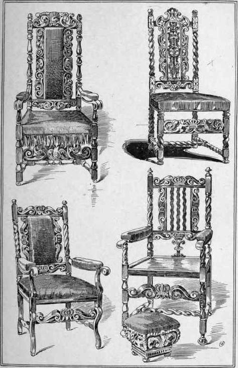 Jacobean. XII.Plate 19 Jacobean Interior Design, Boho Living Room Coffee Tables, Jacobean Chair, Ancient Greek Furniture Sketches, Jacobean Furniture, Late 1800s Furniture, Rococo Furniture Sketch, Unique Chairs, Medival Sofa