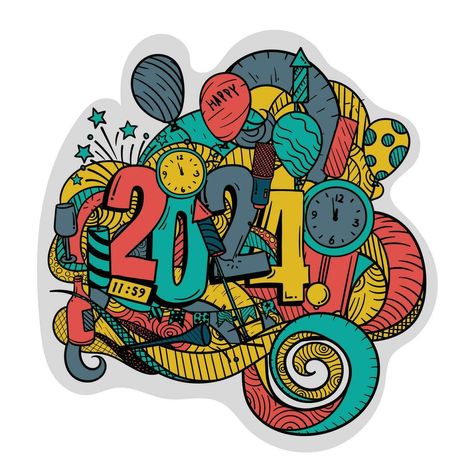 Doodle art of 2024 with floral and new year celebration in colorful design for new year design Party Lyrics, New Year Doodle, New Year Design, Party Icon, New Year Art, New Year Designs, New Year Party, Alternative Movie Posters, Cityscape Photos