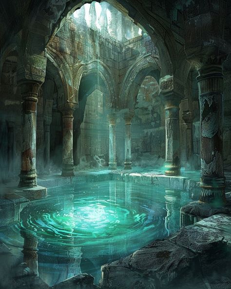 Different Fantasy Aesthetics, Underwater Ruins Aesthetic, Dark Underwater Fantasy Art, The Round Table, Underwater Civilization Concept Art, Water Fantasy Aesthetic, Sea Fantasy Aesthetic, Water Fantasy World, Forest By The Sea