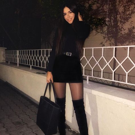 black thigh high boots on black pantyhose with a short little black dress| #thighhighboots Black Thigh High Boots, Black Thigh High, Black Pantyhose, Thigh High Boots, Thigh High, Thigh Highs, Over The Knee Boots, High Boots, Knee Boots