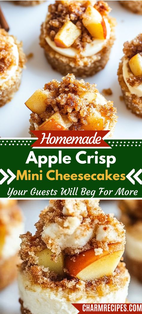 Apple Crisp Mini Cheesecakes Apple Cheesecake Mini, Mini Apple Crisp Cheesecake Recipes, Mini Apple Crisp Muffin Tins, Apple Crisp Mini Cheesecake, Mini Apple Pie Cheesecake Bites, Apple Crisp Mini Cheesecake Cupcakes, Mini Cheesecake Apple Crisp, Mini Apple Pie Cheesecake, Mini Caramel Apple Cheesecakes