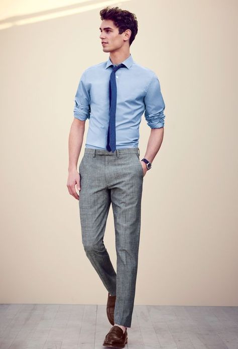 Grey Slacks With Slim Tie And Blue Shirt fashion shirt style tie mens fashion men's fashion fashion and style slacks slim tie Men’s Summer Business Outfits, Formal Shirt Pant Combination For Men, Buisness Outfits, Mens Business Casual, Workout Man, Male Teacher, Shirt And Tie, Mens Fashion Business, Grey Suit