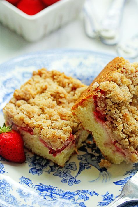 Strawberry Crumble Coffee Cake | Grandbaby Cakes Strawberry Crumb Cake, Crumble Coffee Cake, Strawberry Coffee Cake, Punch Bowl Cake, Rhubarb Coffee Cakes, Strawberry Coffee, Strawberry Crumble, Grandbaby Cakes, Rhubarb Cake