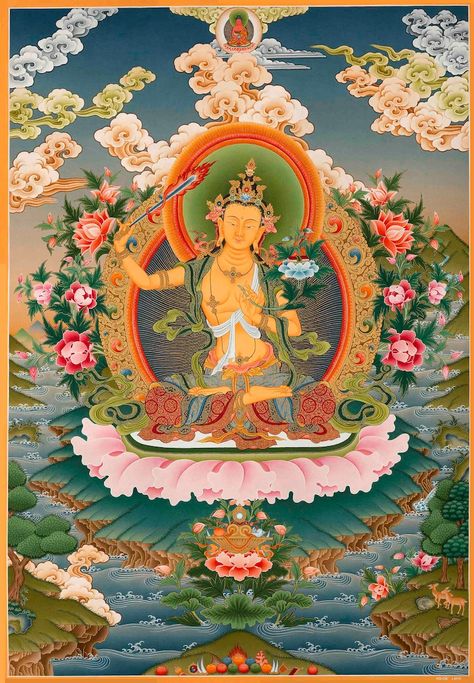 Arya Boddhisattva Manjushri Original Hand Painted Thangka Vajrayana Buddhism Painting Religious Tibetan Wall Hanging Art - Etsy Nepal Spiritual Room, Golden Skin, Mahayana Buddhism, Buddha Teachings, Wall Hanging Art, Hanging Art, Digital Art Prints, Tibet, Buddhism