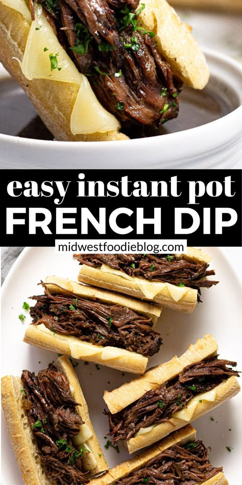 These Instant Pot French Dip sandwiches are loaded with tender, juicy, shredded beef that cooks in just about 90 minutes from start to finish! This one will quickly earn a spot in your monthly family dinner rotation! Toast In Oven, Instant Pot French Dip Sandwiches, Shredded Beef Sandwiches, Instant Pot French Dip, French Dip Sandwiches, Beef Dip, Dip Sandwiches, Dinner Rotation, French Dip Sandwich