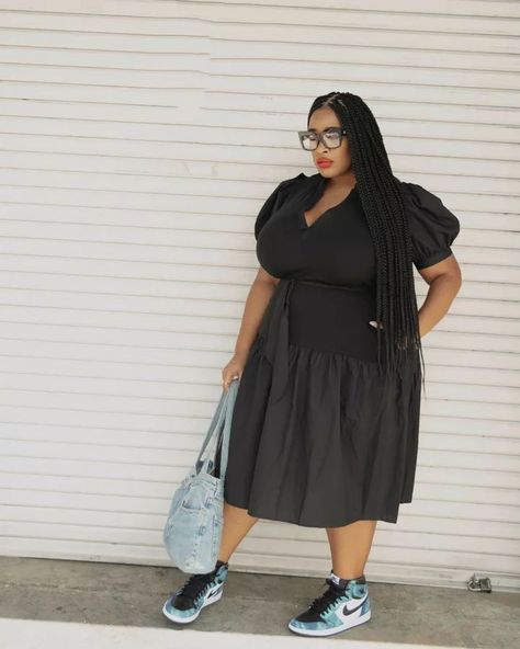 Dress With Sneakers Plus Size, Jordan 1 High Outfit Women, Sneakers And Dress Outfit, Maxi Dress And Sneakers, Sneakers And Dress, Plus Size Sneakers, Plus Size Business Attire, Sneaker Fits, Jordan 1 High Outfit