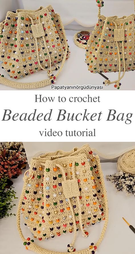 Crochet Beaded Bucket Bag: A Chic Accessory - CrochetBeja Crochet Beaded Bag, Crochet Bucket Bag Pattern Free, Beaded Crochet Bag, Crochet With Beads Patterns Free, Crochet Bag With Beads, Beaded Purses Pattern, Crochet Bags Ideas, Bead Bag Pattern, Cat Bag Crochet