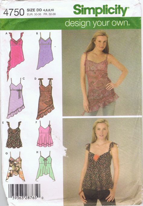 2004 Simplicity Pattern 4750 - Design Your Own Top - Size 6-10 - Strappy High Low Hem - Uncut & New - Factory Folded Tank Top Sewing Pattern, Sewing Top, Top Sewing, Make Your Own Clothes, Couture Mode, Top Sewing Pattern, Simplicity Sewing, Diy Sewing Clothes, Simplicity Sewing Patterns