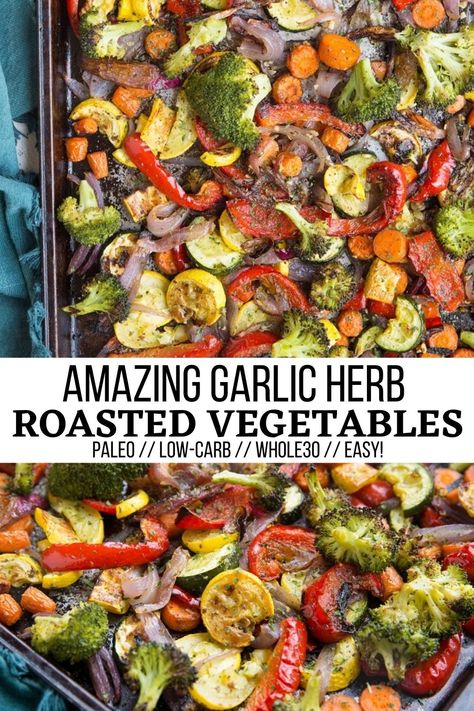 Garlic Herb Roasted Vegetables - The Roasted Root Herb Roasted Vegetables, Best Roasted Vegetables, Food To Try, Roasted Vegetable Recipes, Awesome Food, Veggie Side Dishes, Garlic Herb, Sheet Pan Recipes, Veggie Sides