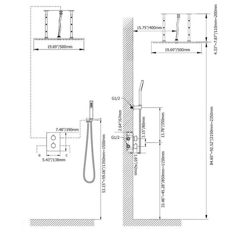 Rain Shower Bathroom, Shower Dimensions, Ceiling Shower Head, Shower Plumbing, Rain Shower System, Bathroom Dimensions, Shower Faucet Sets, Rainfall Shower Head, Black Shower