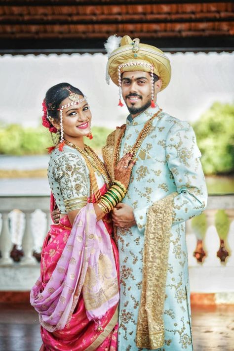 Marathi Bride, Indian Wedding Poses, Wedding Outfits For Groom, Wedding Dresses Men Indian, Bride And Groom Outfits, Couple Wedding Dress, Indian Wedding Couple Photography, Indian Bride Outfits, Bride Photography Poses