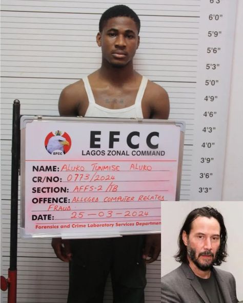 Write a news report of this One of the counts reads: “That you, ALUKO TUNMISE JUWONLO (A.K.A. KEANU REEVES), sometime between January and March, 2024 in Lagos, within the jurisdiction of this Honorable Court, directly made a false statement, wherein you held yourself out as a white man by name "KEANU REEVES" on your Telegram Account, knowing same to be false and with intent that the representation is relied upon for the purpose of procuring the issuance of financial instrument to yourself a... Keanu Reeves News, Keanu Reeves Pictures, Nita Ambani, News Report, Financial Instrument, March 2024, Keanu Reeves, Government, Writing