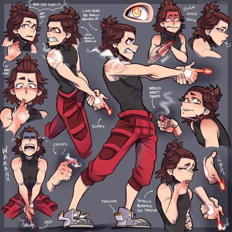 Trashsona Oc, Front And Back Body Reference, Firebender Poses, Mha Concept Art, Mentor And Student Pose Reference, My Hero Academia Oc Quirk, Using Powers Reference Pose, Fire Based Character Design, Villian Oc Ideas