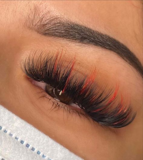 Lashes With Red Color, Lash Extensions With Red Color, Hybrid Lash Extensions Styles With Color, Eyelash Extensions With Red, Red Lashes Extensions, Lash Extensions With Red, Hybrid Lash Extensions With Color, Lashes Extensions With Color, Colorful Eyelash Extensions