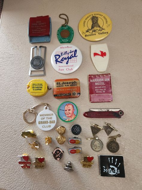 Vintage collectibles - money clips, lapel pins, etc. - see list Game Logos, Inner Landscape, Collage Elements, Antique Booth, Retro Items, Bag Pins, Money Clips, Fall 24, Promotional Items