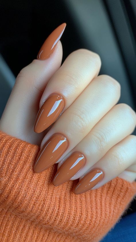 Fall Color Acrylics, Nails Color For Winter, Burnt Orange Nail Color, Cinnamon Nail Color, Nails Fall Season, Long Almond Nails Fall, Pumpkin Color Nails, Fall Nails Gel Colors, Pretty Fall Nails Autumn