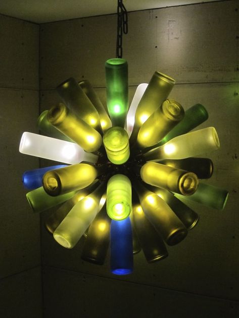 Recycled Wine Bottle Chandelier | Bored Panda Wine Bottle Pendant Lights, Bottle Chandelier Diy, Glass Bottle Chandelier, Glass Bottle Lights, Wine Bottle Light Fixture, Wine Bottle Lighting, Beer Bottle Chandelier, Beer Bottle Lights, Wine Bottle Lamps