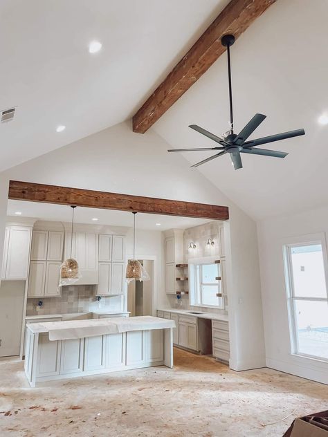 Wood Beams On Low Ceiling Living Room, Vaulted Ceiling With Ceiling Fan, Beam In Vaulted Ceiling, Beams Between Rooms, Fake Beams On Ceiling Kitchens, Slant Ceiling Kitchen, Partial Vaulted Ceiling Kitchen, Wood Beam Vaulted Ceiling Living Room, High Vaulted Ceiling Kitchen