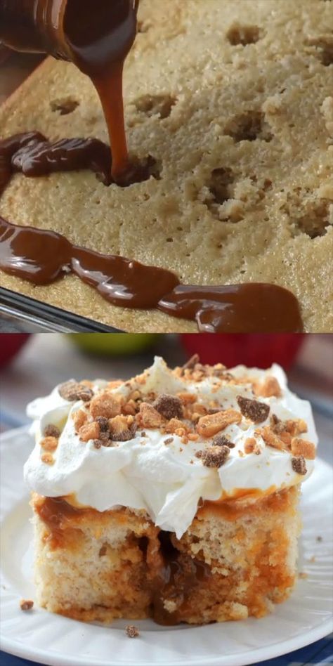 Apple Pie Poke Cake, Caramel Apple Poke Cake, Apple Poke Cake, Cream Poke Cake, Poke Cake Recipes, Kid Desserts, Poke Cakes, Poke Cake, Caramel Apple